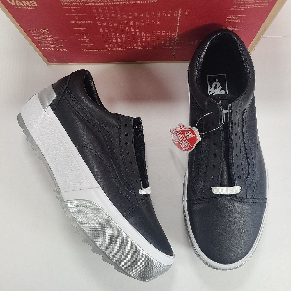 Vans Old Skool Stacked Platform Shiny Black True White Sneakers Women Size 9.5